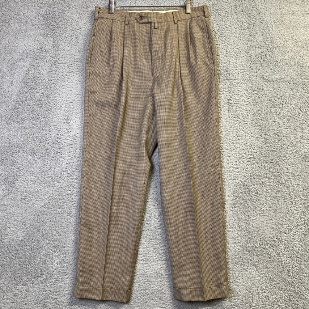 VTG Tommy Hilfiger Pants Men 33x30 Brown Houndstooth Pure Wool Pleated Cuffed